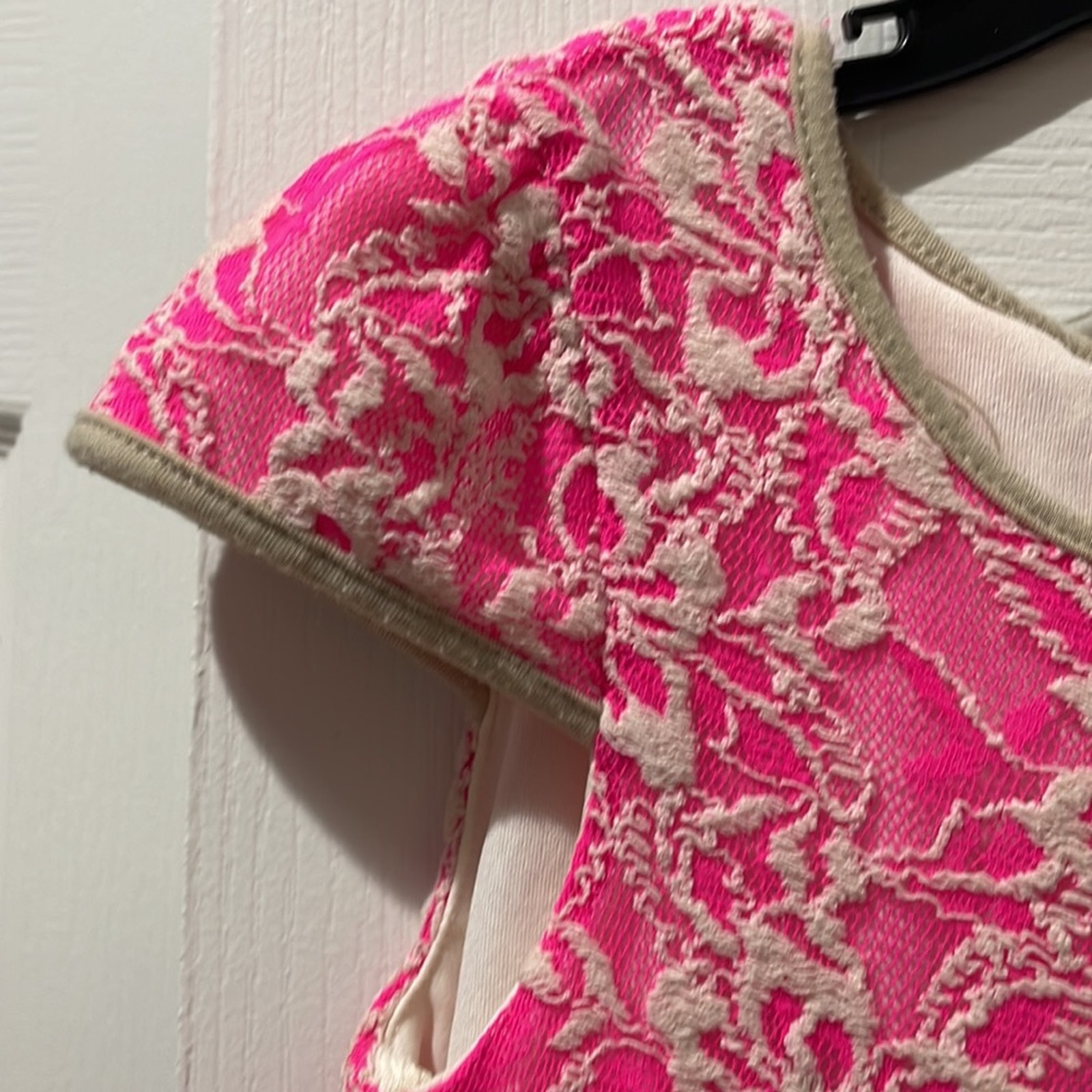 Pippa & Julie 6 Hot Bright Pink Nude Lace Short Sleeve A Line Dress W/Flower Euc — image 2 of 8